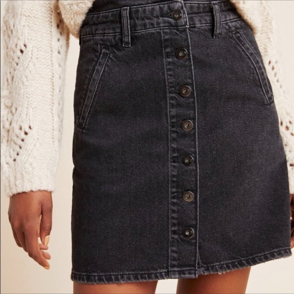 Anthropologie Button-Front Black Denim Mini Skirt